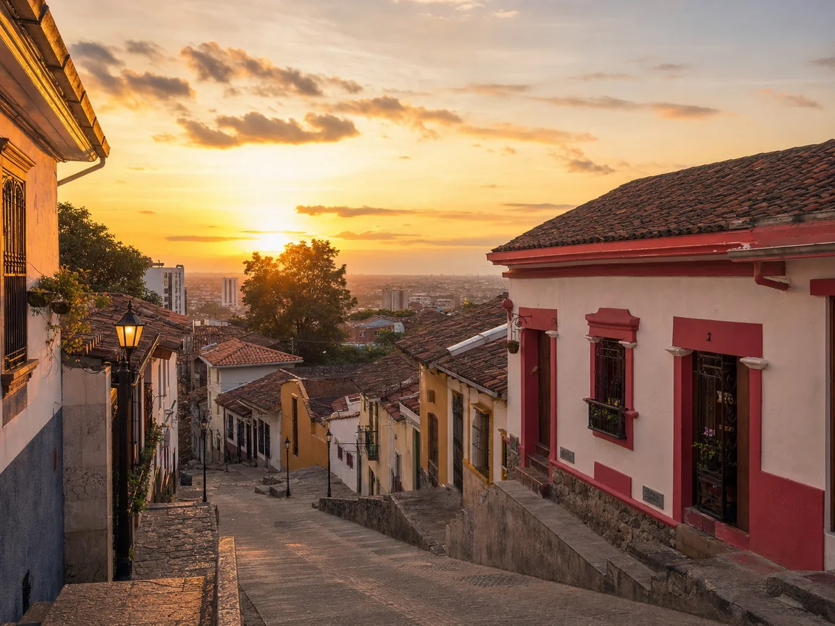 Calles coloniales del barrio San Antonio en Cali al atardecer