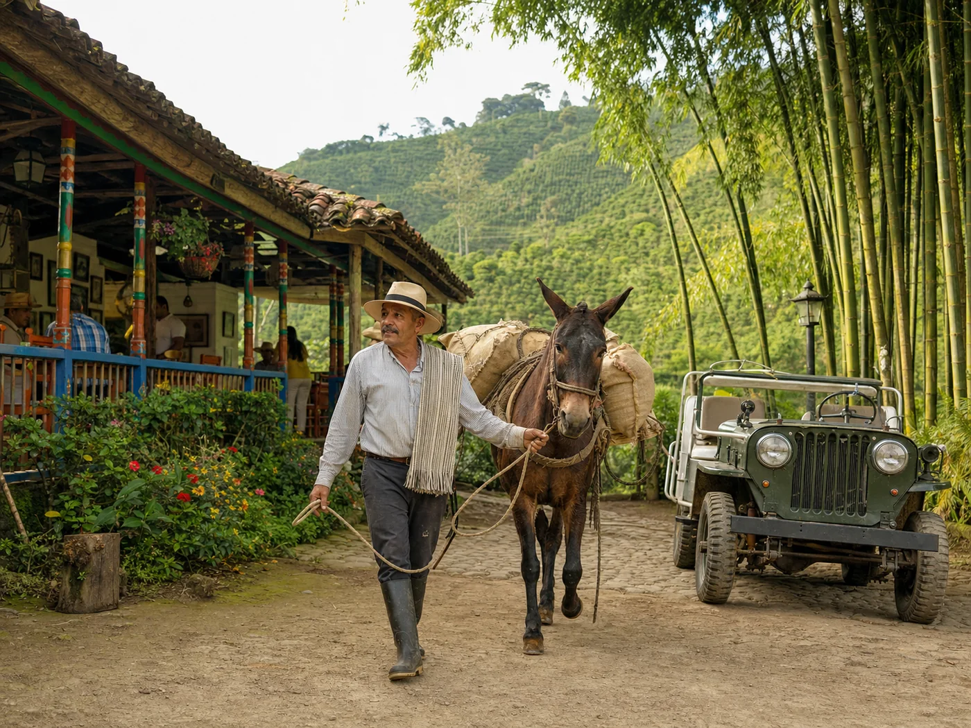 Arriero con mula y fonda cafetera