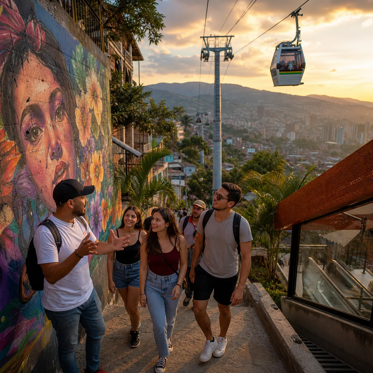 Visitantes recorriendo la Comuna 13 con el Metrocable y Medellín al fondo